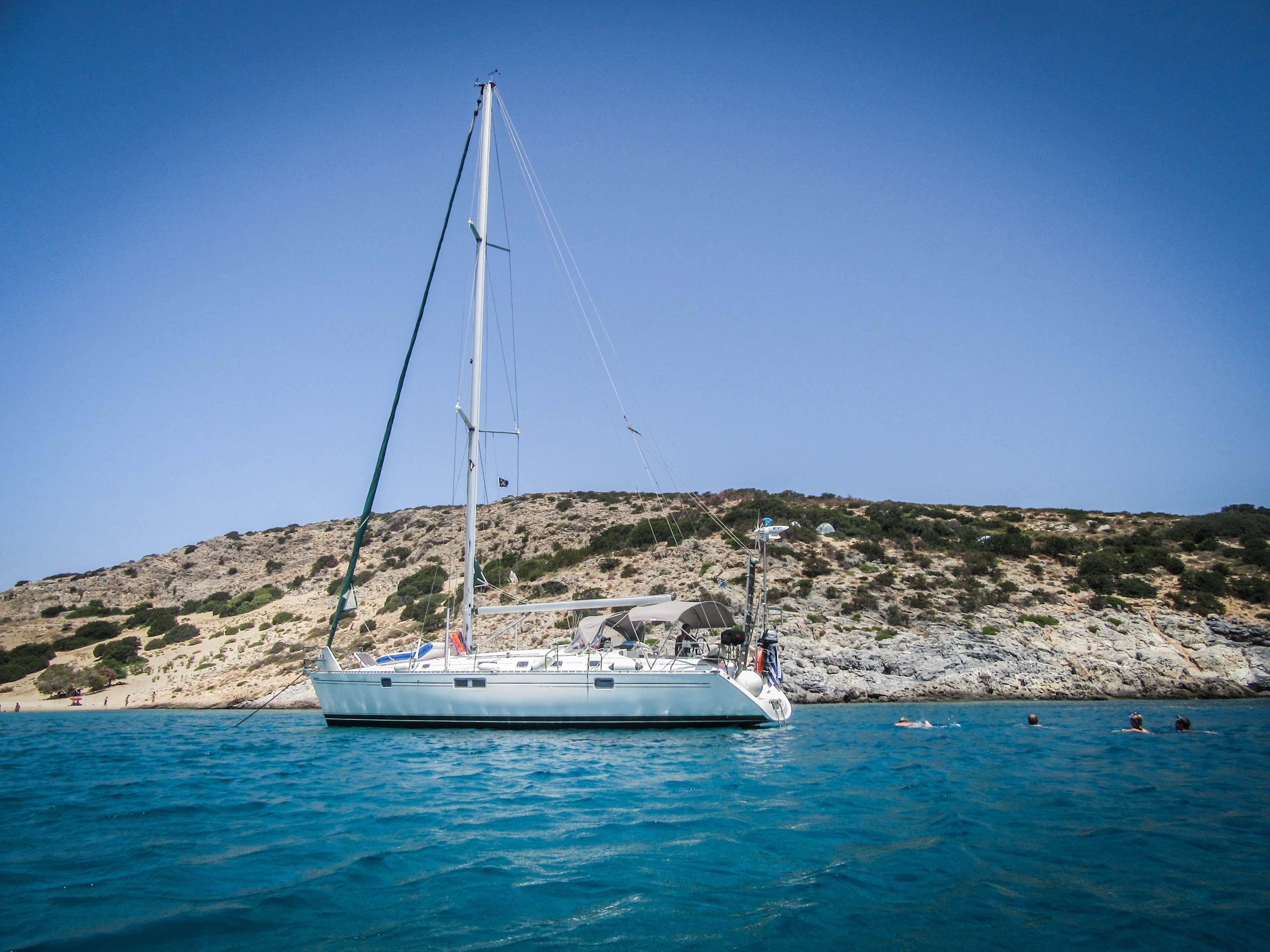 A general overview of Xanemo, with her wind generator, brand new spray hood and bimini.